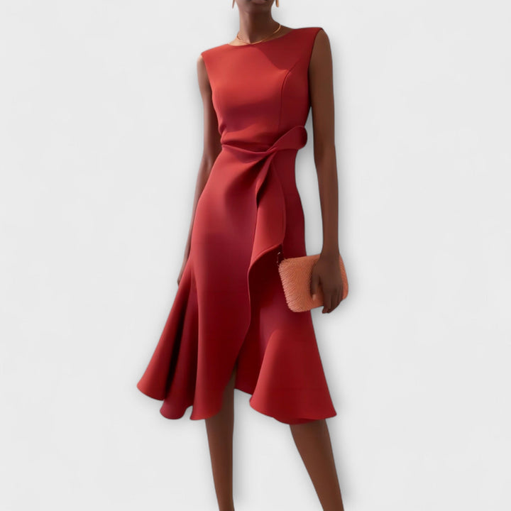 Emma | Dames elegante mouwloze midi-jurk met ruches