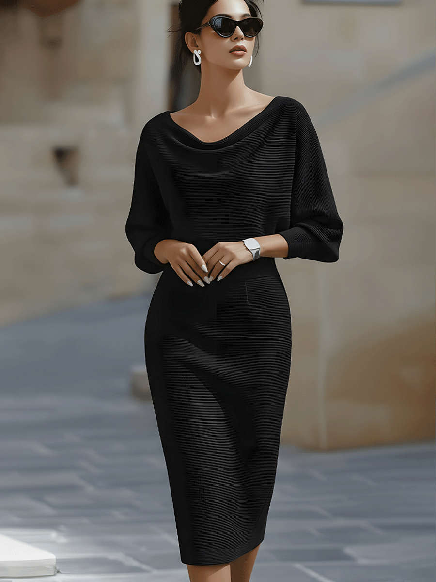 Vivian | Dames Bodycon Midi Jurk Met Boothals En Vleermuismouwen