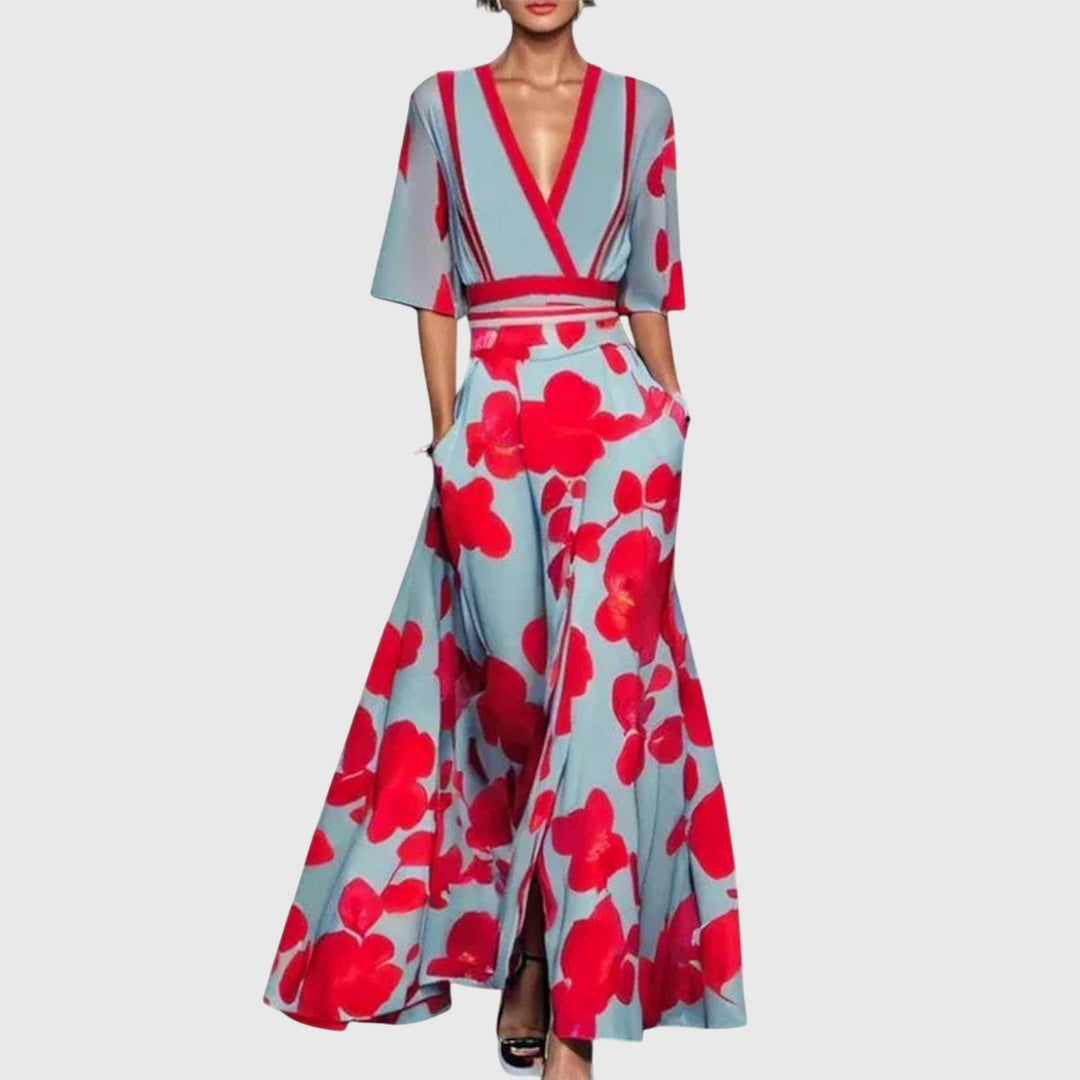 Angelica | Dames bloemen V-hals maxi jurk