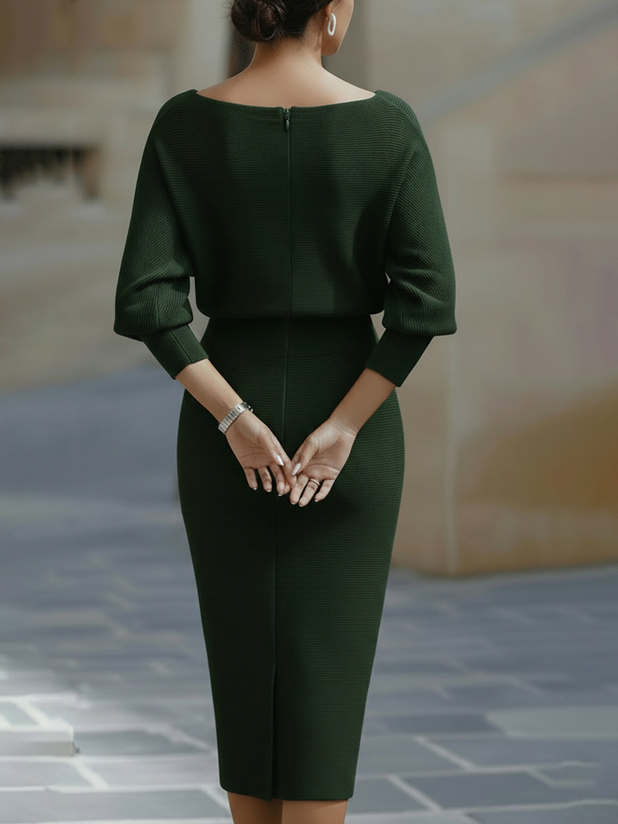 Vivian | Dames Bodycon Midi Jurk Met Boothals En Vleermuismouwen