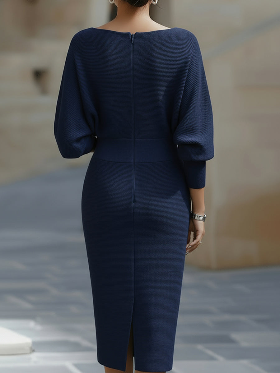 Vivian | Dames Bodycon Midi Jurk Met Boothals En Vleermuismouwen