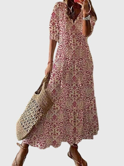Samantha | Dames maxi-jurk met print V-hals en kwastjes
