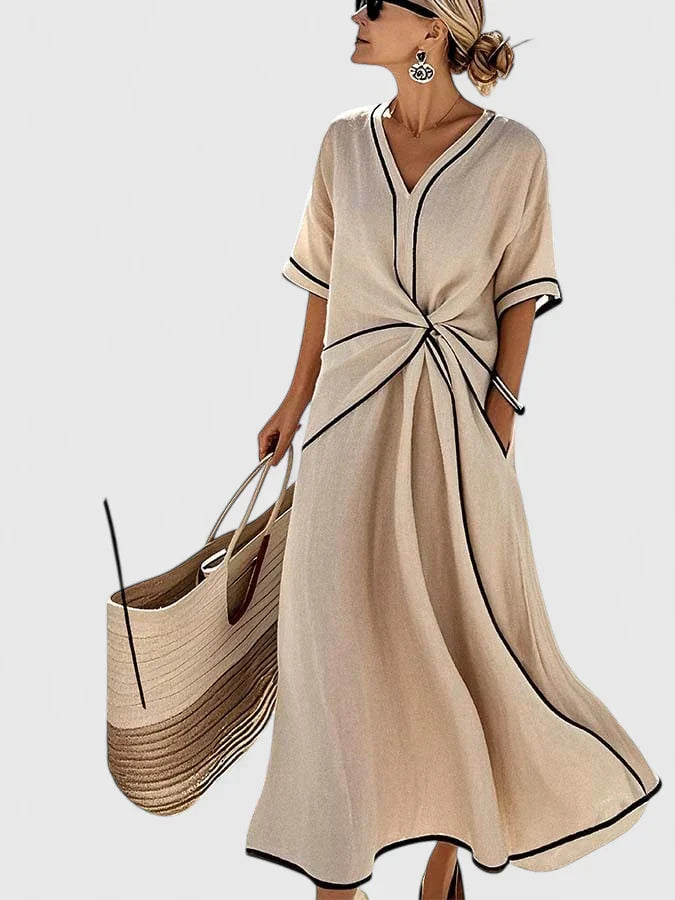 Julia | Dames V-hals Midi Jurk met Strikceintuur