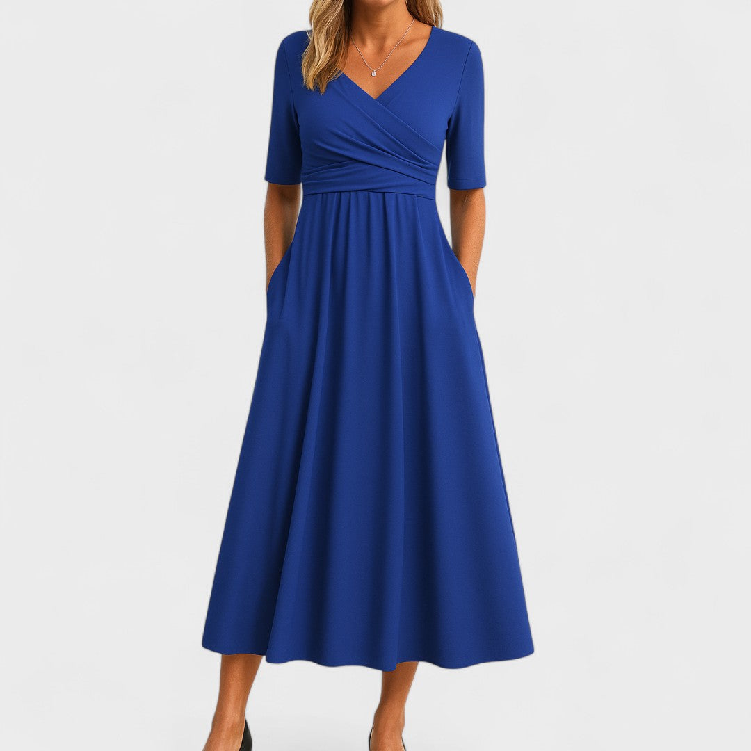 Olivia | Dames maxi-jurk met V-hals en korte mouwen