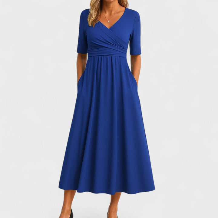 Olivia | Dames maxi-jurk met V-hals en korte mouwen