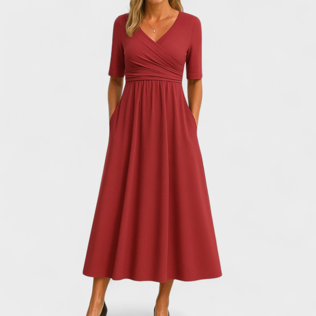Olivia | Dames maxi-jurk met V-hals en korte mouwen