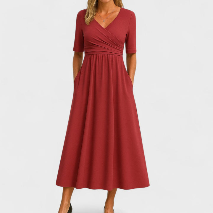 Olivia | Dames maxi-jurk met V-hals en korte mouwen