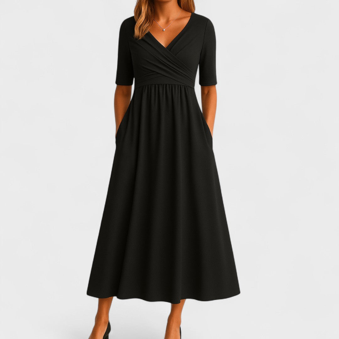 Olivia | Dames maxi-jurk met V-hals en korte mouwen