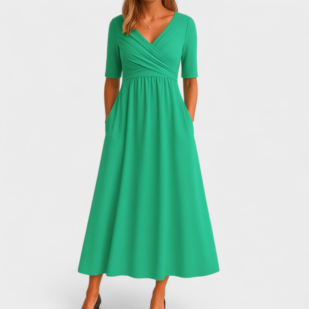 Olivia | Dames maxi-jurk met V-hals en korte mouwen