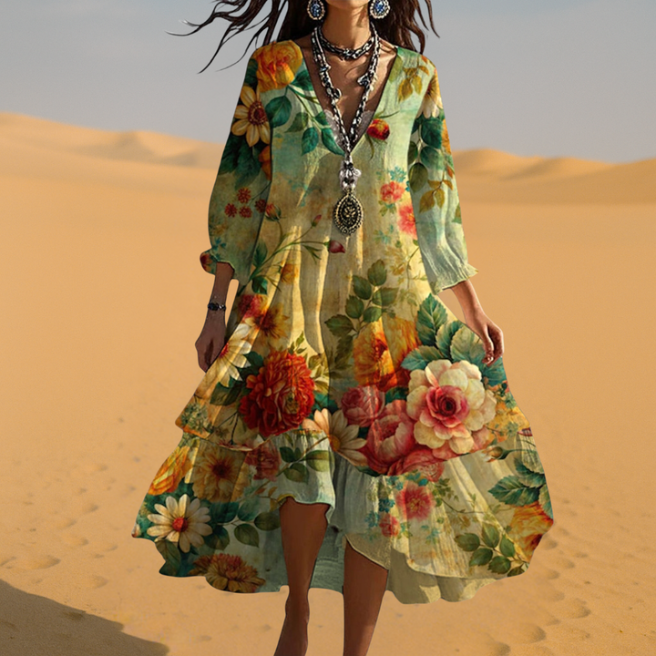 Kaitlyn | Dames Vintage Boho V-Hals Zomerjurk