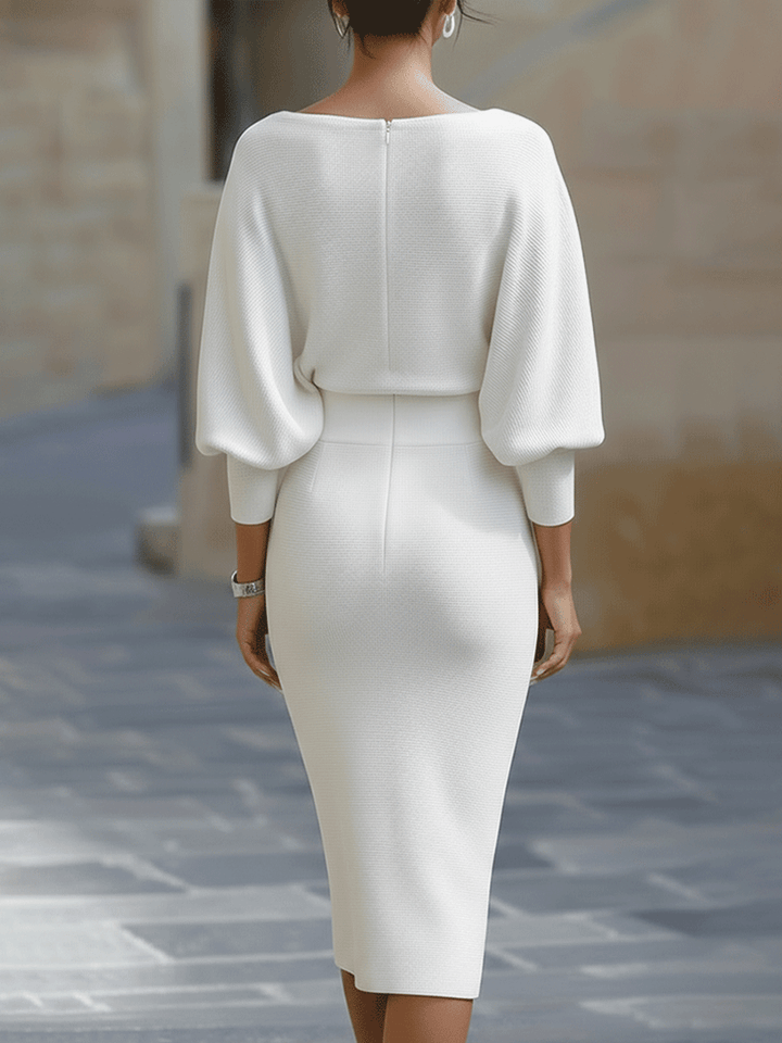 Vivian | Dames Bodycon Midi Jurk Met Boothals En Vleermuismouwen