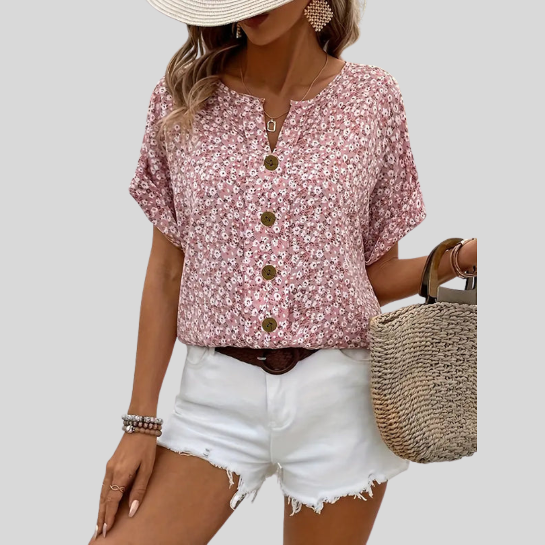 Della | Dames Casual Top Met Bloemenprint En Knoopsluiting Aan De Voorkant