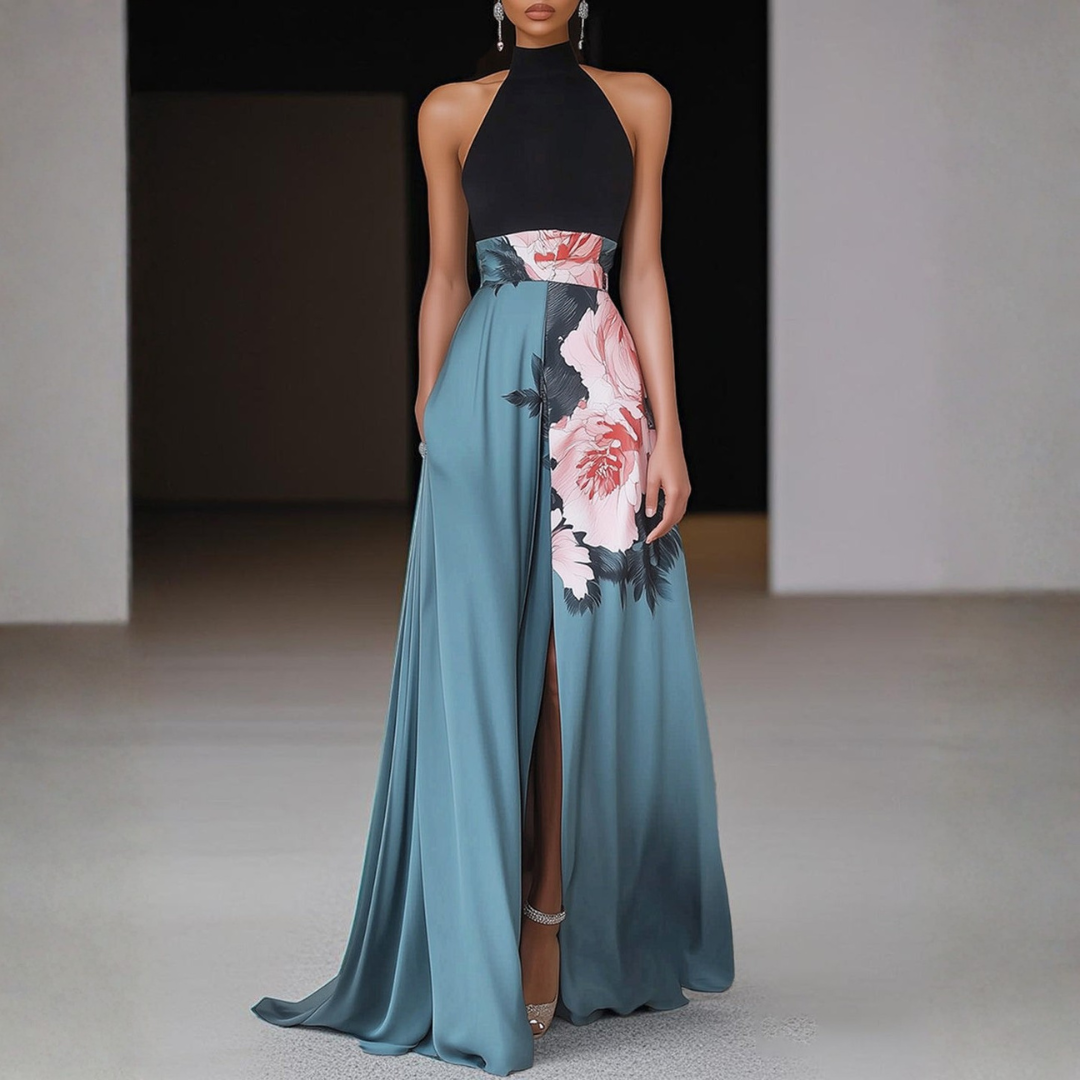 Flora | Dames Halternek Maxi Jurk Met Bloemenprint En Split