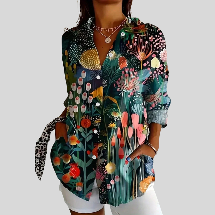 Melanie | Dames Kleurrijke Bloemen Blouse Met Knoopsluiting Aan De Voorkant
