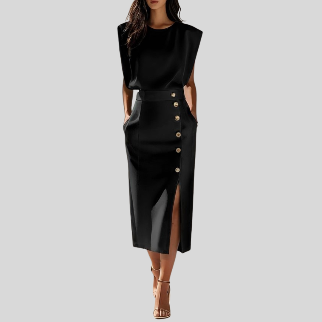 Abigail | Dames Mouwloze Midi Jurk Met Knoopdetail