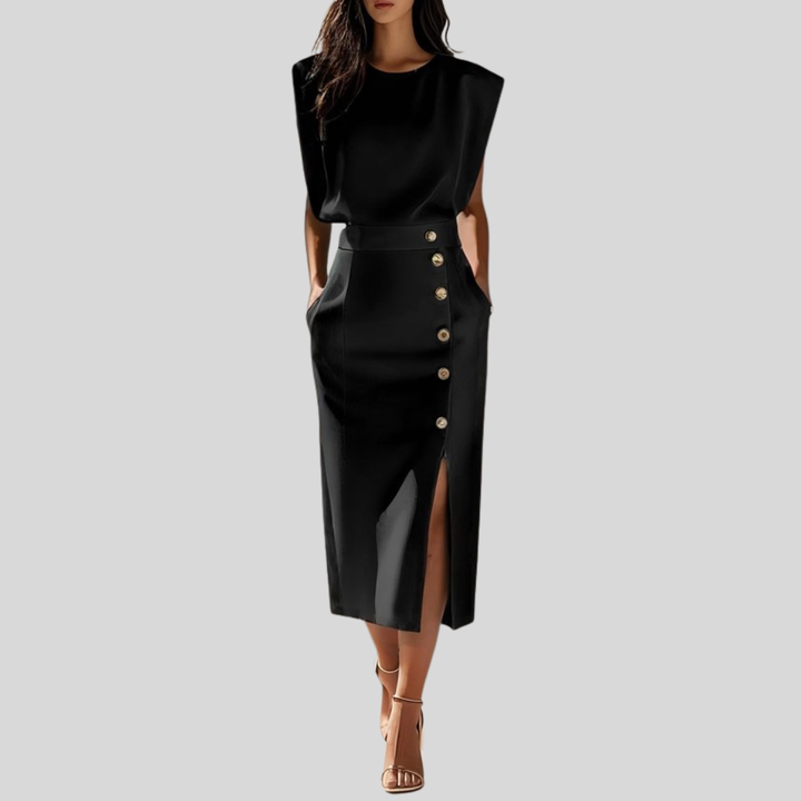 Abigail | Dames Mouwloze Midi Jurk Met Knoopdetail