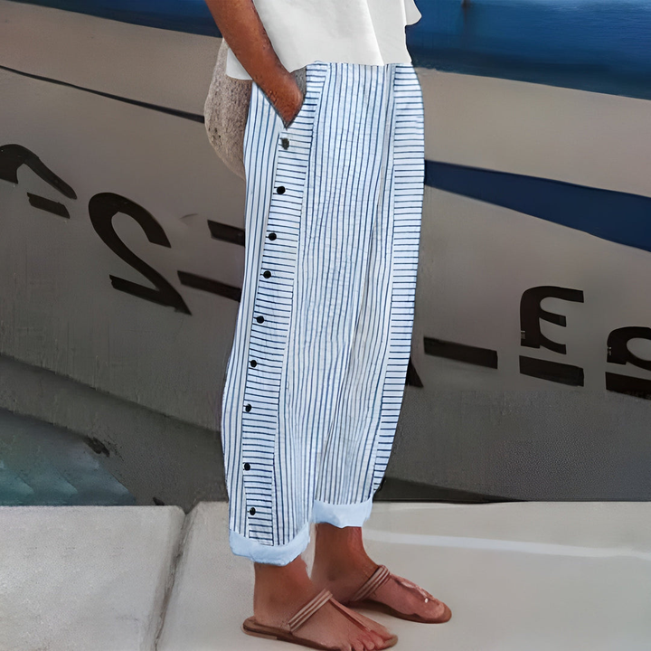 Enya | Dames Gestreepte Casual Broek Met Knoopdetails