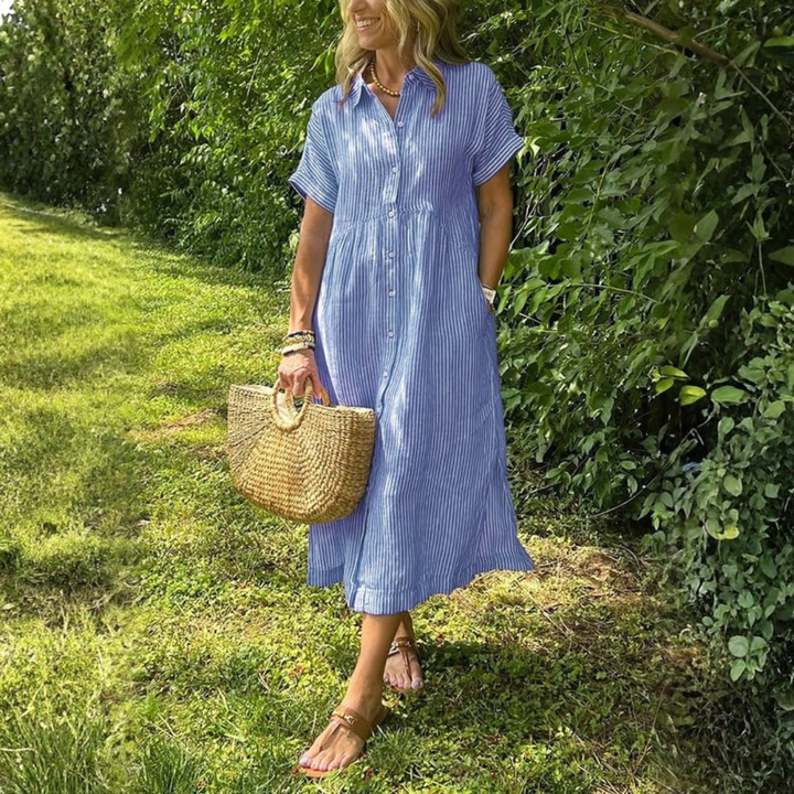 Eileen | Dames Gestreepte Midi Jurk Met Knoopsluiting Aan De Voorkant
