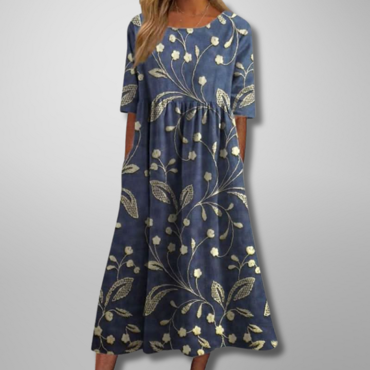Darlene | Dames Midi-Jurk Met Bloemenprint En Ronde Hals