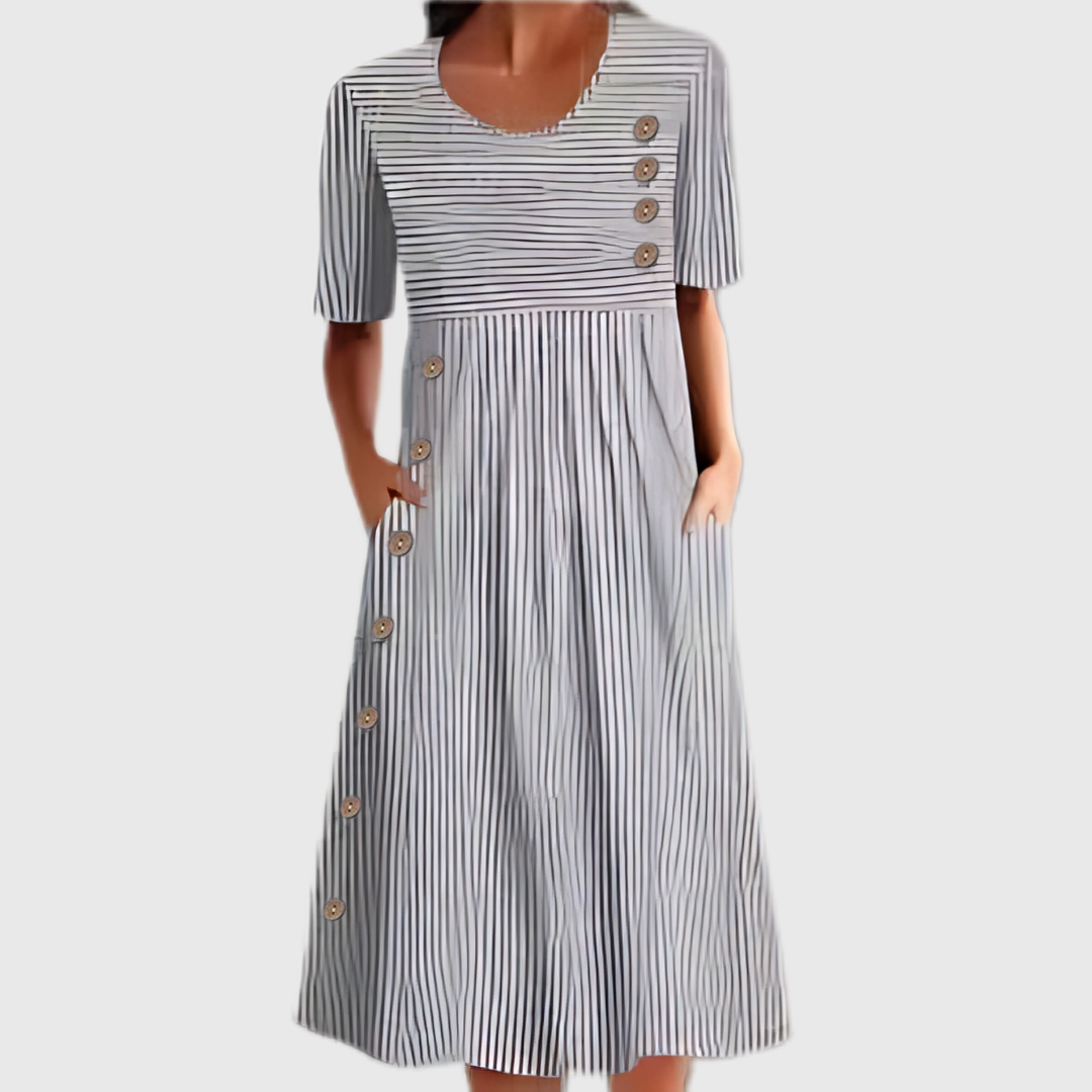 Emma | Dames Gestreepte Midi Jurk Met Knoopdetails
