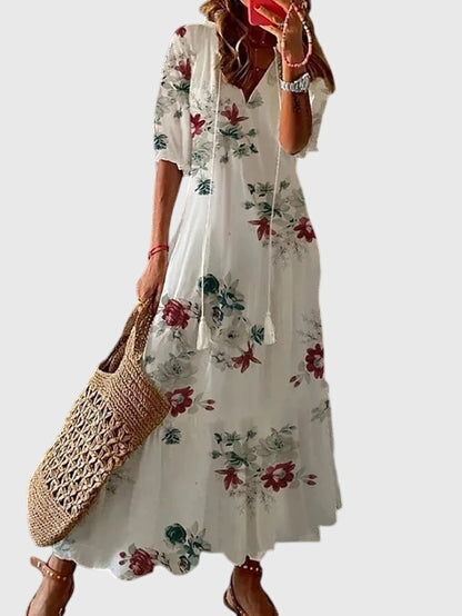 Samantha | Dames maxi-jurk met print V-hals en kwastjes