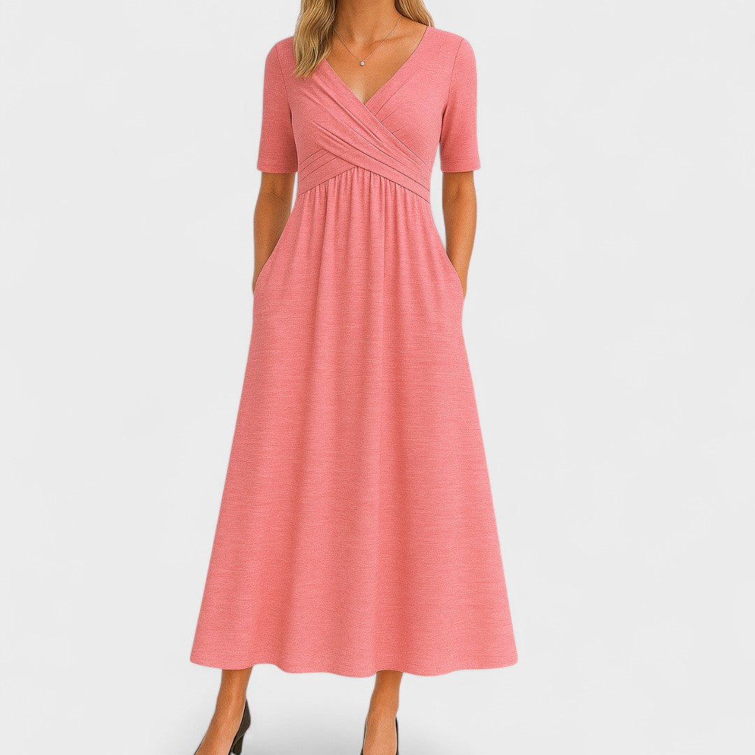 Olivia | Dames maxi-jurk met V-hals en korte mouwen