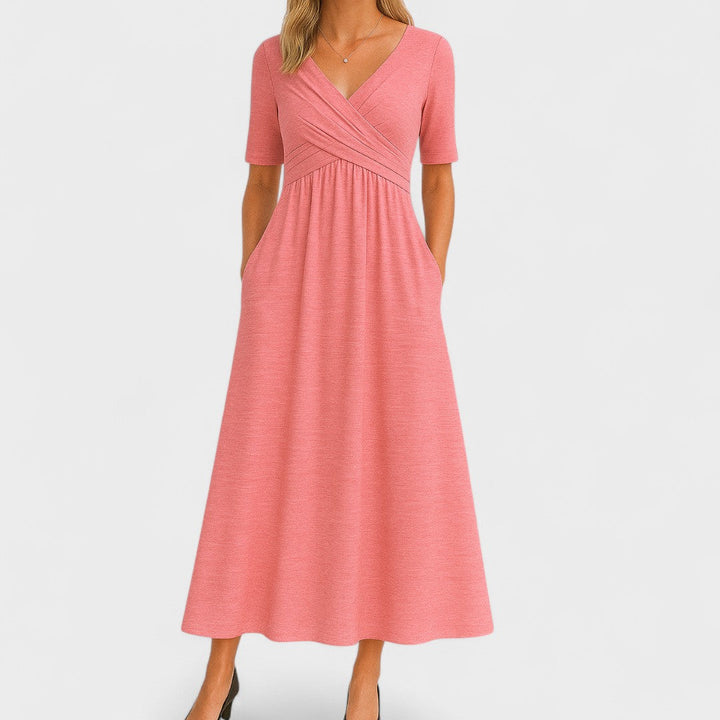 Olivia | Dames maxi-jurk met V-hals en korte mouwen
