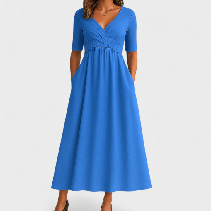 Olivia | Dames maxi-jurk met V-hals en korte mouwen