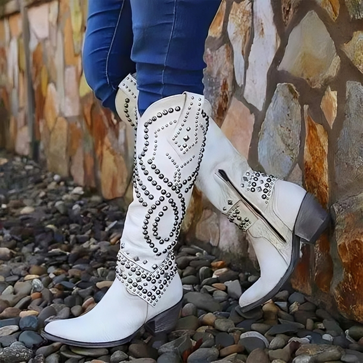 Valentina | Dames kniehoge laarzen met studs en blokhak