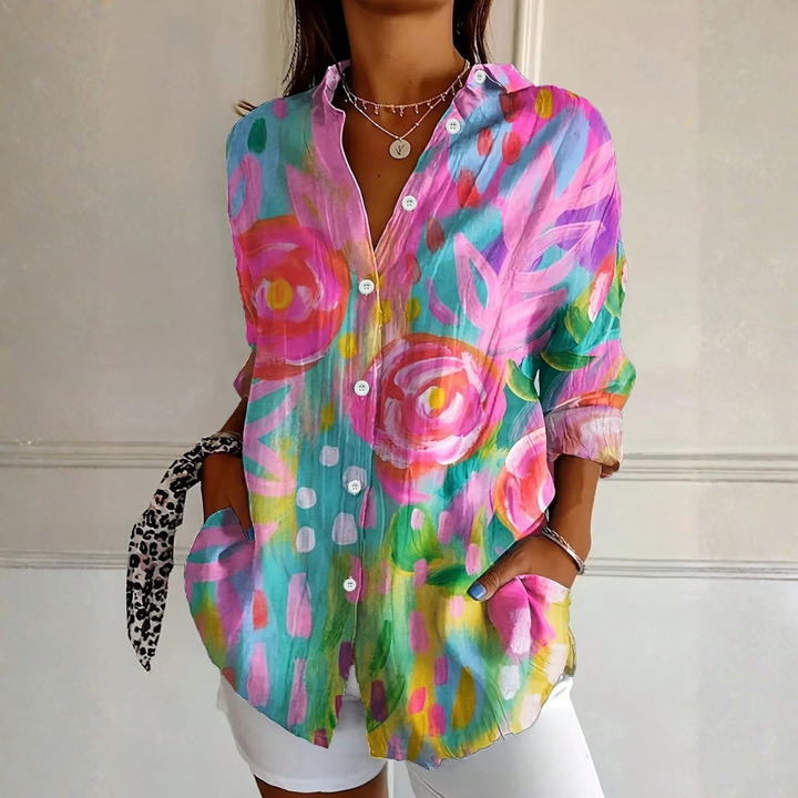 Melanie | Dames Kleurrijke Bloemen Blouse Met Knoopsluiting Aan De Voorkant