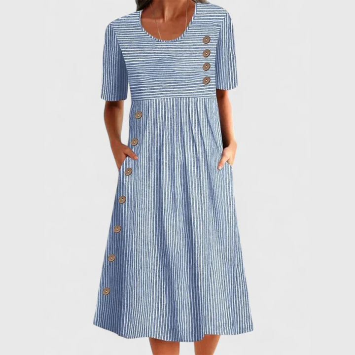 Emma | Dames Gestreepte Midi Jurk Met Knoopdetails
