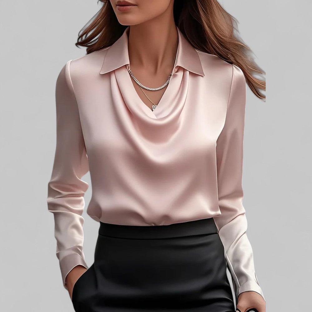 Kendra | Dames Satijnen Blouse met Watervalhals en Lange Mouwen