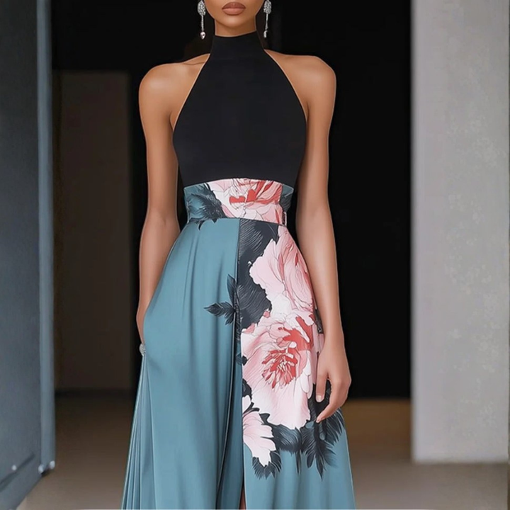 Flora | Dames Halternek Maxi Jurk Met Bloemenprint En Split