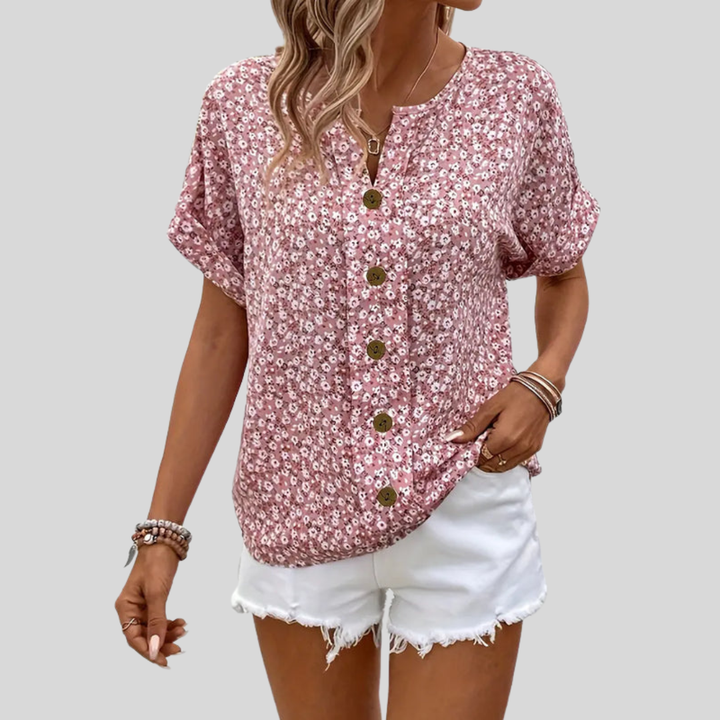 Della | Dames Casual Top Met Bloemenprint En Knoopsluiting Aan De Voorkant