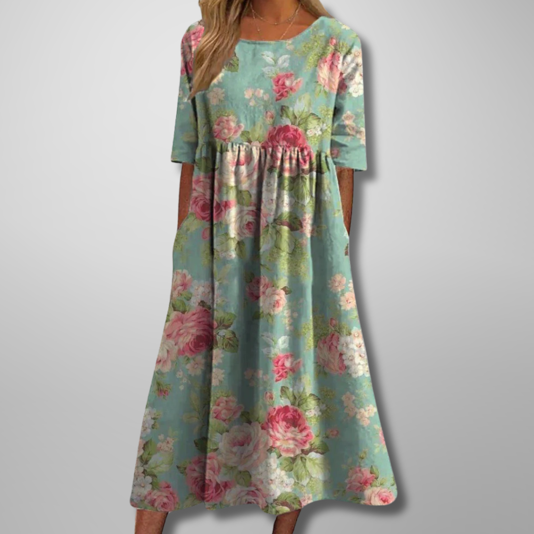 Darlene | Dames Midi-Jurk Met Bloemenprint En Ronde Hals