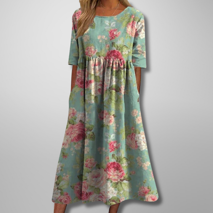 Darlene | Dames Midi-Jurk Met Bloemenprint En Ronde Hals