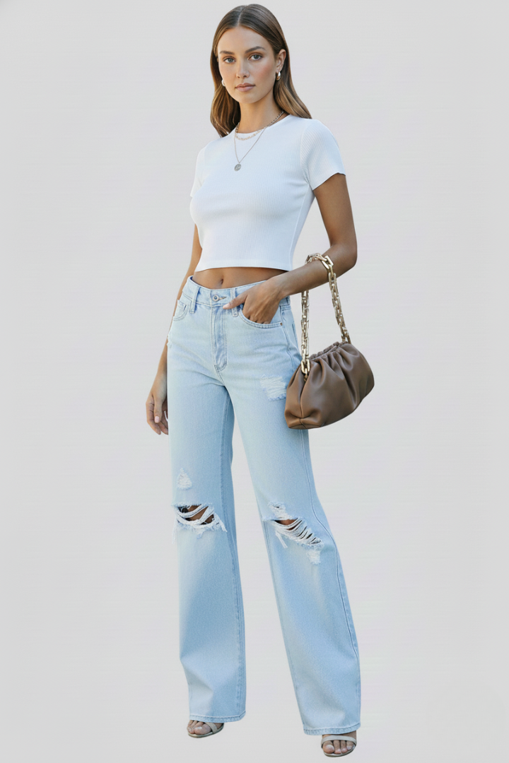 Paisley | Dames Wijde Pijpen Versleten Hoge Taille Jeans