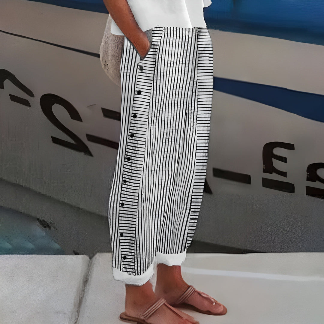 Enya | Dames Gestreepte Casual Broek Met Knoopdetails