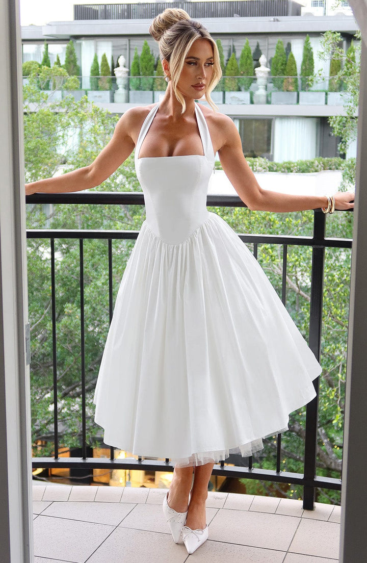 Gwen | Dames Bruiloft Gast Halter Midi Jurk