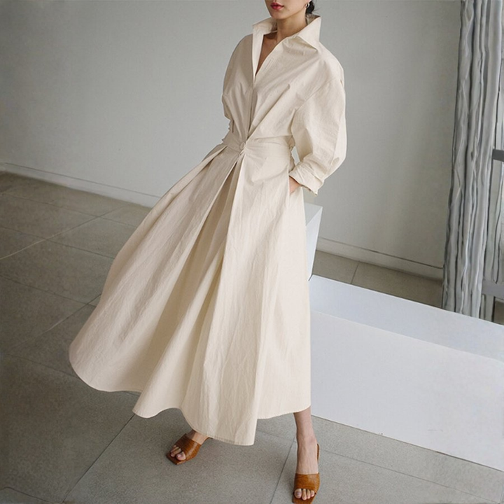 Chloe | Dames Elegante Midi Jurk Met Knoopdetail En Tailleaccent