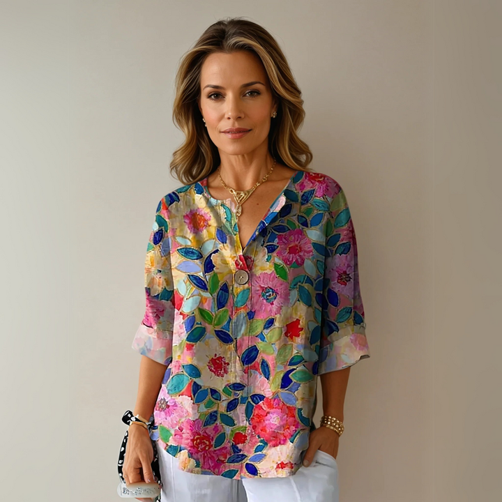 Elina | Dames Casual Top Met Bloemenprint En V-hals