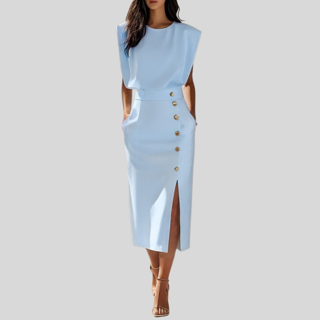 Abigail | Dames Mouwloze Midi Jurk Met Knoopdetail