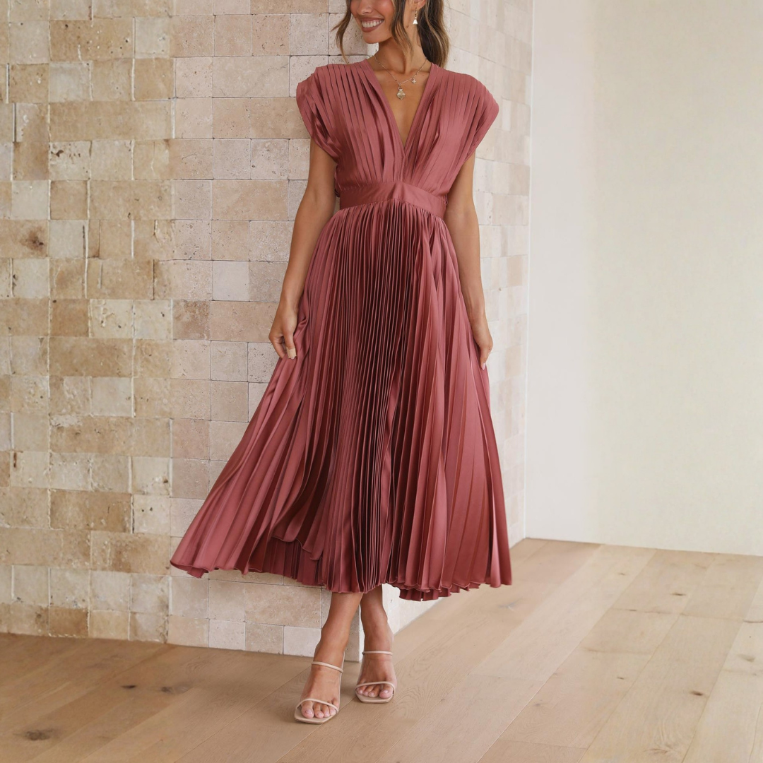 Abigail | Dames Elegante Geplooide Midi Jurk Met Diepe V-hals