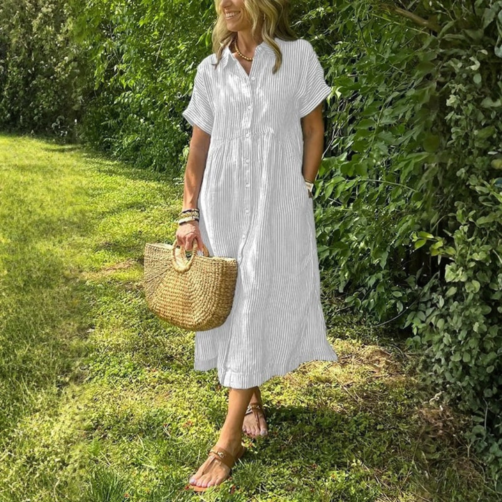 Eileen | Dames Gestreepte Midi Jurk Met Knoopsluiting Aan De Voorkant