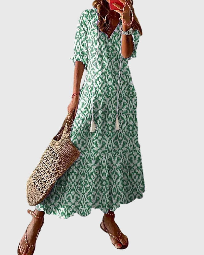 Samantha | Dames maxi-jurk met print V-hals en kwastjes