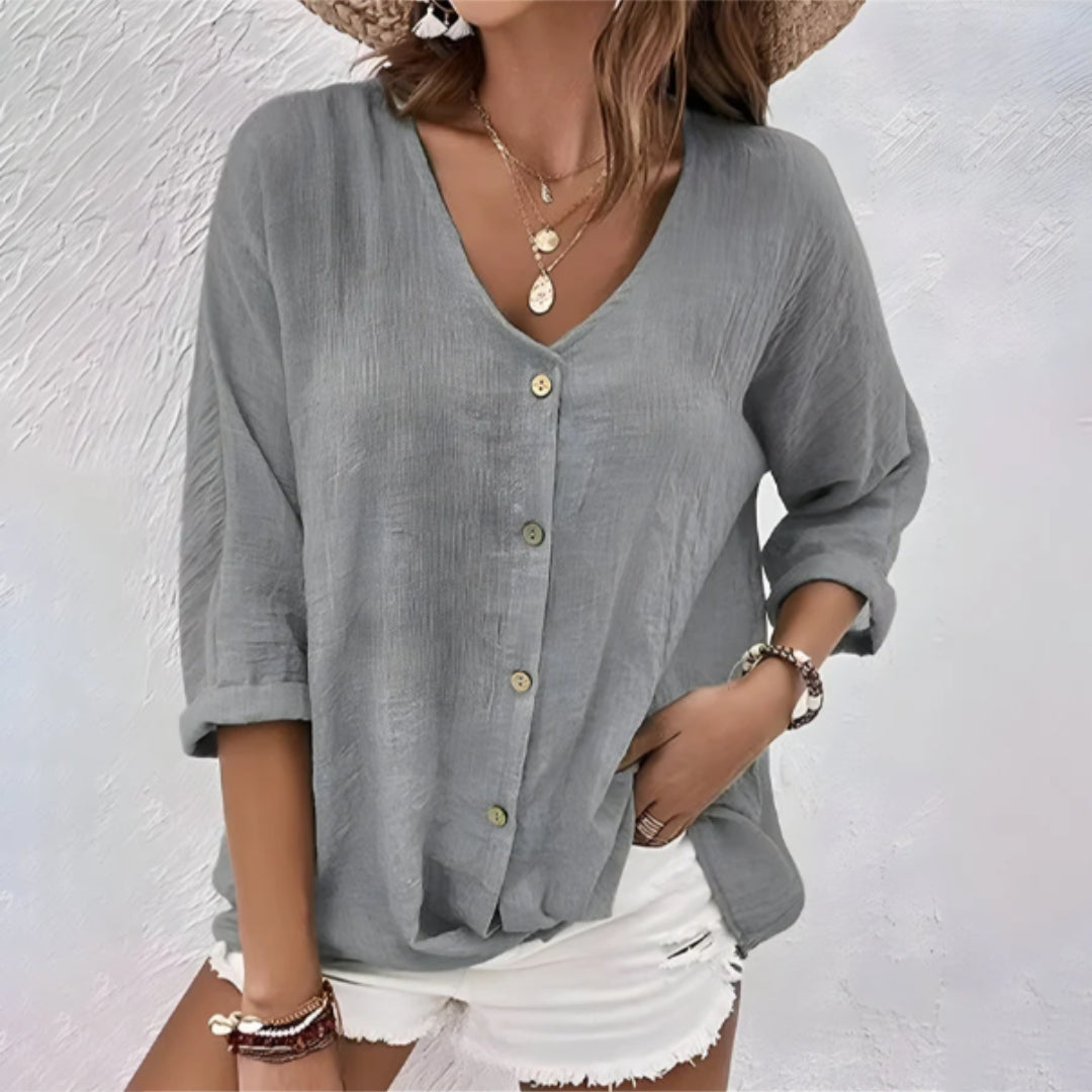 Brigitte | Dames Casual Top Met Knoopsluiting Aan De Voorkant En V-hals