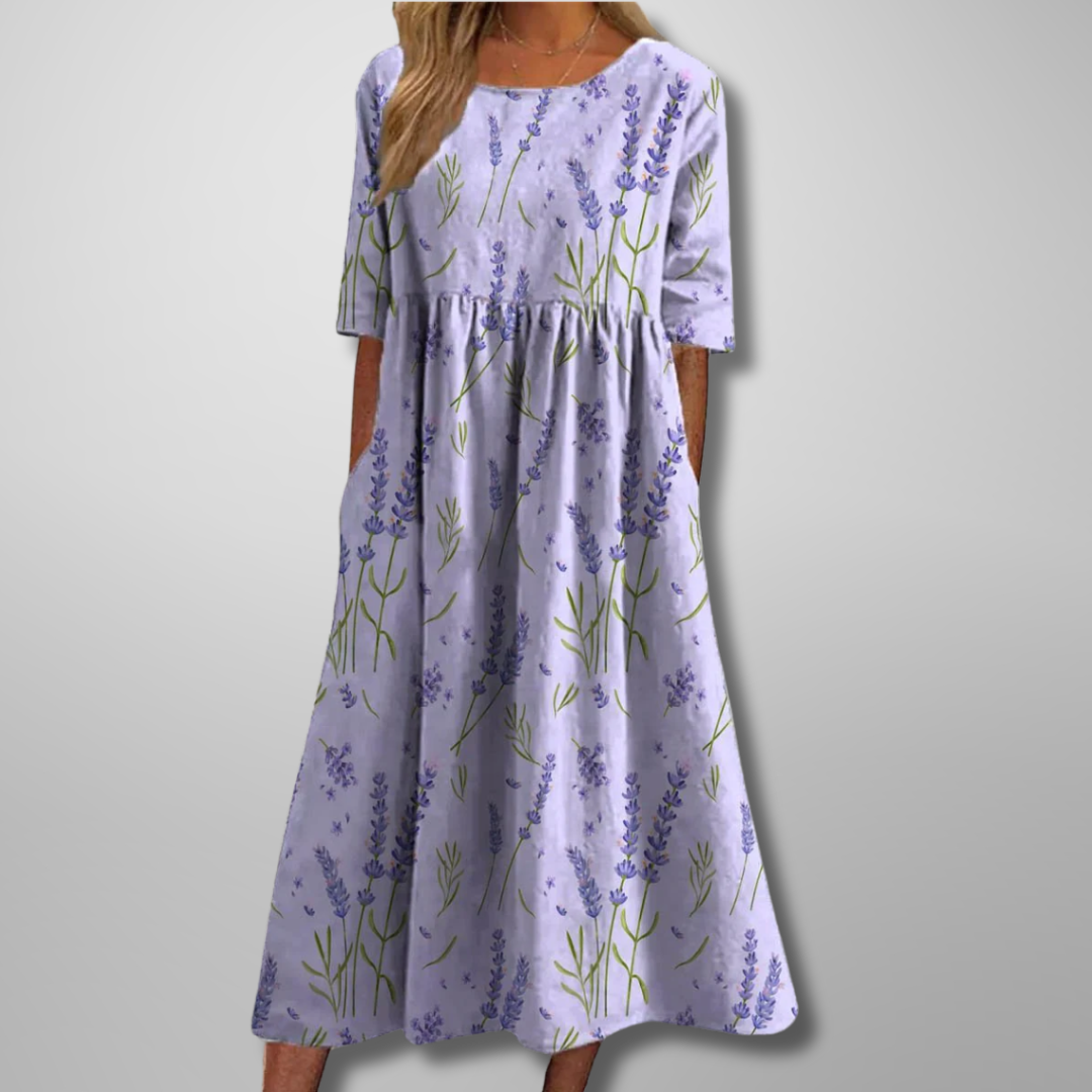 Darlene | Dames Midi-Jurk Met Bloemenprint En Ronde Hals