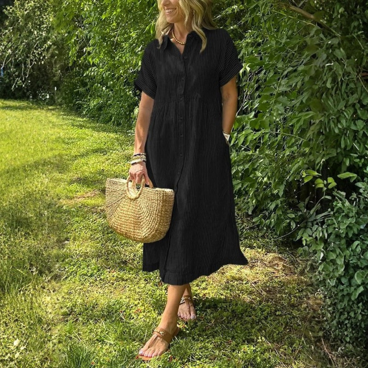 Eileen | Dames Gestreepte Midi Jurk Met Knoopsluiting Aan De Voorkant