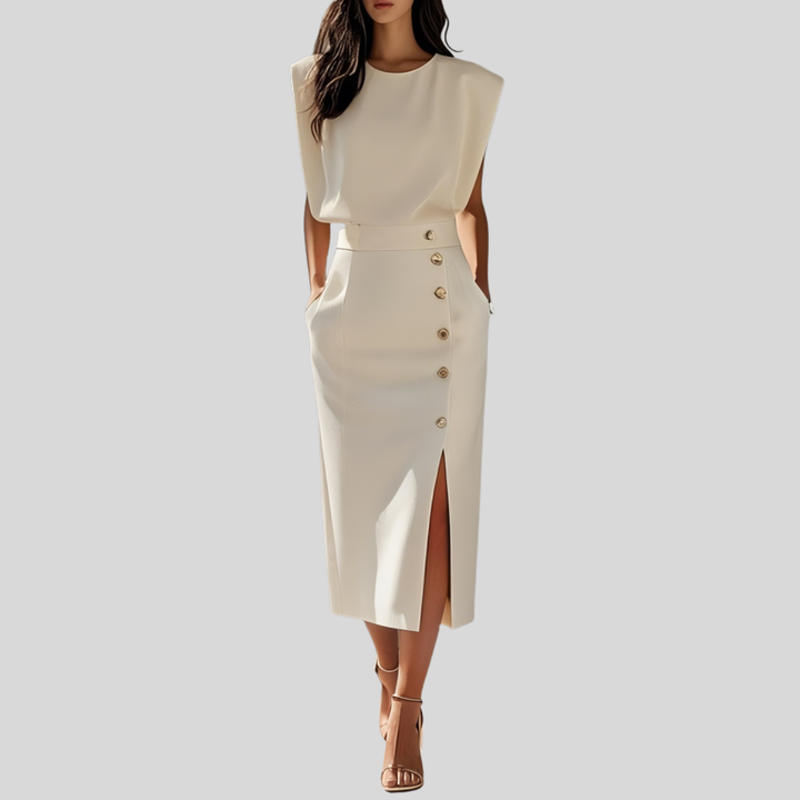 Abigail | Dames Mouwloze Midi Jurk Met Knoopdetail