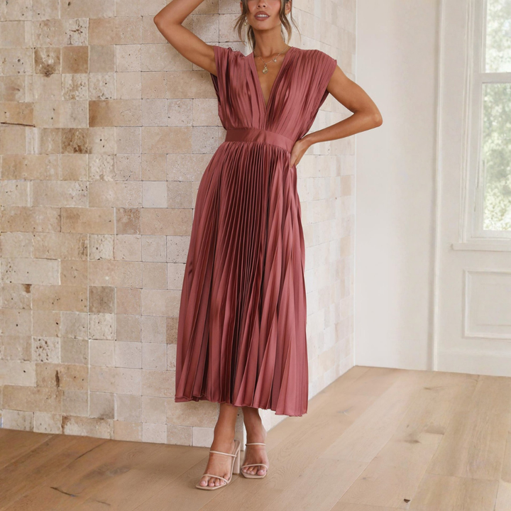 Abigail | Dames Elegante Geplooide Midi Jurk Met Diepe V-hals